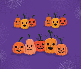 Halloween pumpkins cartoons with spiderwebs design, Holiday and scary theme Vector illustration