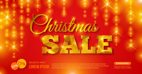 Glowing Christmas Sale banner. Vector illustration. Gold on red background. Business event template. Sparkles. Place for your text message. Business New year backdrop.