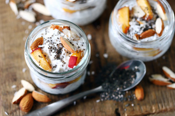 Chia yogurt with peach in a jar. Healthy breakfast. Keto breakfast.