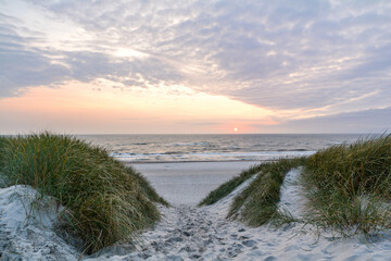 View to beautiful landscape with beach and sand dunes near Henne Strand, North sea coast landscape Jutland Denmark