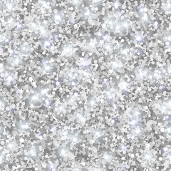 Silver Glitter Texture, Seamless Sequins Pattern. Vector Illustration. Lights and Sparkles. Glowing New Year or Christmas Backdrop. Silver Dust.