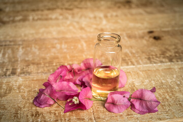 Close-up of essential oil in a small glass bottle with bougainvillea flowers on wooden background. Selective focus and copy space for text. Natural cosmetics.