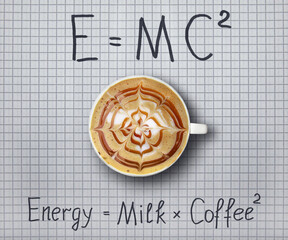 A cup of coffee with whipped cream is on a checkered paper sheet with funny formulas. 