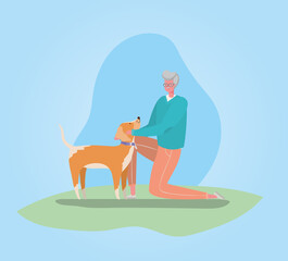 Senior man cartoon with dog walking design, Outdoor activity theme Vector illustration