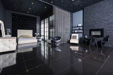 Modern dark luxury black interior with white chic furniture