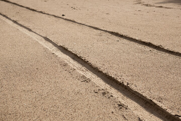 Car tyre tracks on the beach sand in perspective.