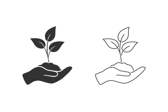 Leaf and hand, care nature line icon set vector