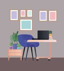 blue chair with laptop and frames in room design, Home decoration interior living building apartment and residential theme Vector illustration
