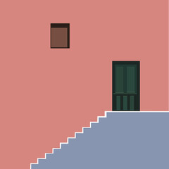 flat illustration bright wall facade with window door and stairs