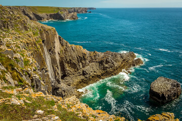 The limestone coastline of the Pembrokeshire coast, Wales near Castlemartin in summer