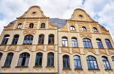 Old double gabled house with decorations in the old town of Wismar.