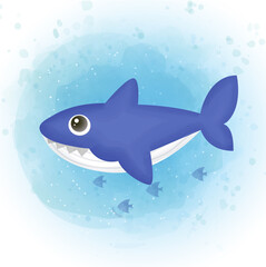 Cute shark in the ocean. water color style.