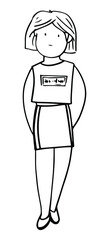 of a fashionable teenage girl wearing a short skirt, short hair, a hand-drawn outline drawing highlighted on a white background