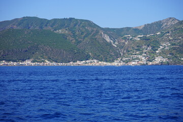 Fototapeta premium Panoramic view of Lipari Island seen from the sea, Aeolian Islands (Sicily, Italy) 