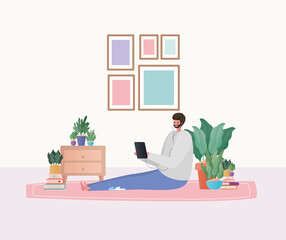 Fototapeta premium Man with tablet working on carpet design of Work from home theme Vector illustration
