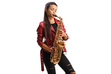 Young female saxophonist in a red leather jacket playing sax