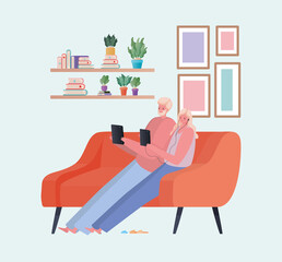 Man and woman with tablet working on orange couch design of Work from home theme Vector illustration