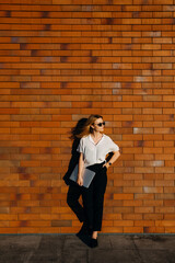 Young stylish woman wearing sunglasses, white shirt and black pants, standing on a brick wall background outdoors, with a laptop.