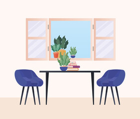table with chairs in front of window design, Home room decoration interior living building apartment and residential theme Vector illustration
