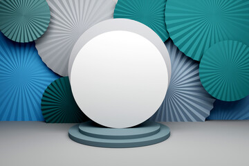 Presentation mockup template with round geometric stand on the background of origami folded circular blue gray green shapes