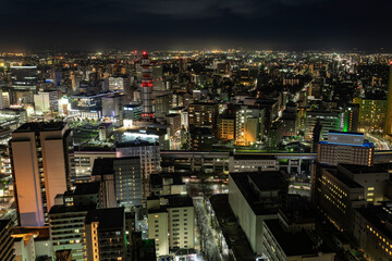 Fototapeta na wymiar 日本仙台市街の夜景 青のライトアップ合成COVID看板