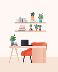 desk with orange chair laptop and plants in room design, Home decoration interior living building apartment and residential theme Vector illustration