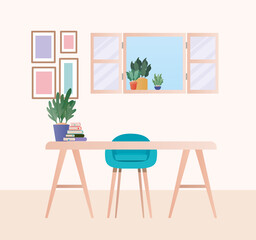 desk with blue chair and plants in room design, Home decoration interior living building apartment and residential theme Vector illustration