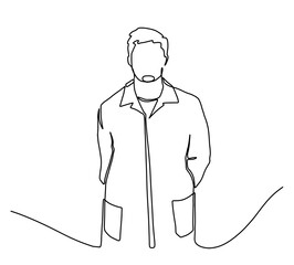 Single continuous line drawing of young happy male doctor pose standing manly cross his hand on chest. Medical health care service workers concept one line draw design vector graphic illustration.