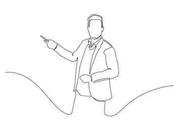 One single line drawing of young presenter explaining business strategy during team meeting. Effective training presentation for work office concept continuous line draw design vector illustration
