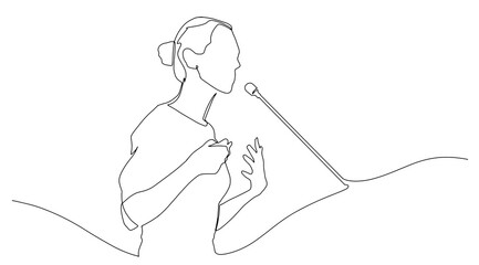 Continuous line drawing business presentation woman trainer talking one single line drawn character politics speaker, business coach speaking before audience Political meeting speech
