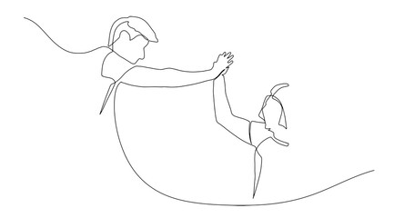 One line drawing of two young happy businessmen celebrating their successive goal with high five gesture together. Business deal concept continuous line draw design graphic vector illustration