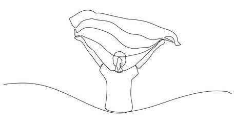 One continuous line drawing of a happy young woman celebrates victory holding a flag in her hands. Girls arms wide open holds LGBT flag on a street one line. Vector illustration