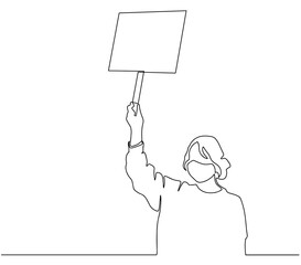 Continuous line drawing of standing woman holding blank placard. One continuous line art of a young woman in a hat standing with a blank poster raised above her head. Black vector outline of a protest