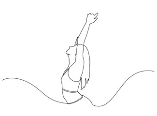 Continuous line drawing of happy woman raising hands. Continuous line art or one line drawing of a woman stretching arms relaxing picture vector illustration. concept of freedom. Beautiful woman