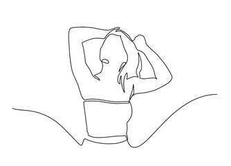 continuous line drawing of happy, beautiful woman posing. one line drawing of a woman.