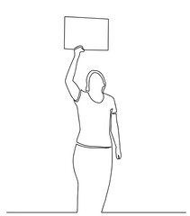 One continuous line drawing of a protester. A standing man in demonstration holding a blank paper roll to aspirate his voice. Activists protest with blank signboard character. Vector illustration