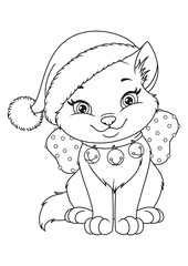 Christmas cat with Santa hat Coloring Page. Black and white cartoon illustration