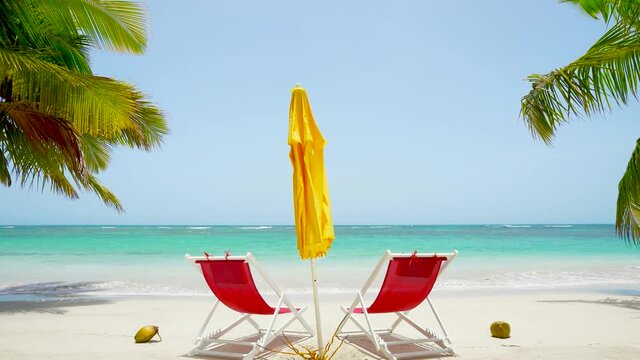 Summer travel concept on Mexico palm beach. Beach accessories on the sand beach behind palm trees with sea views. Loop video, no people, copy space.