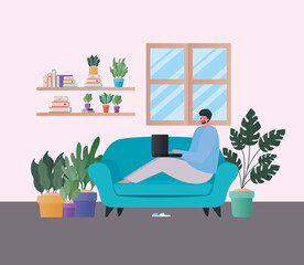Obraz na płótnie Canvas Man with laptop working on blue couch design of Work from home theme Vector illustration