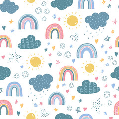 cute seamless baby pattern with rainbows and clouds decorated with stars and hearts on white background. Good for wrapping paper, kids fashion textile prints, wallpaper, scrapbooking, stationery.