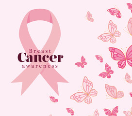 pink ribbon with butterflies of breast cancer awareness design, campaign and prevention theme Vector illustration