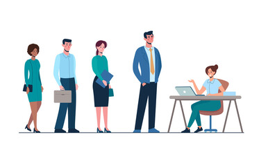 The recruiting department is working. Competition of people for work, queue for an interview in HR Department. Men and women want to get a job. Vector illustration, flat isolated