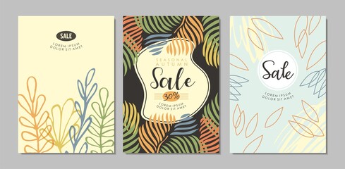 Sale banners, cards or poster designs collection. Autumn backgrounds with floral and nature pattern. Vector shopping and fashion illustration.