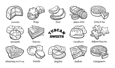 Collection of traditional Tuscan desserts. Hand drawn sketch in doodle style.
