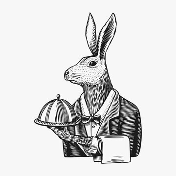Hare waiter with a dish. Rabbit flunky or garcon. Fashion animal character. Hand drawn sketch. Vector engraved illustration for logo, label and tattoo or T-shirts.