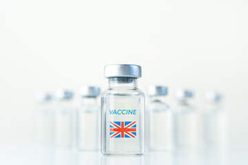 Transparent vials with UK flag. Vaccine for covid-19 coronavirus, flu, infectious diseases. Injection after clinical trials for vaccination of human, child, adult, senior. Medicine, drug concept