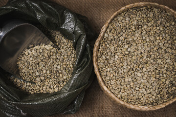 Green beans of coffee in a sack