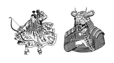 Japanese samurai warriors with weapons sketch. Men in a fight pose. Hand drawn vintage sketches. Vector illustration in monochrome style.
