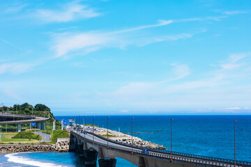 Fototapeta na wymiar (茨城県-風景)高台から見渡す高架橋と太平洋４
