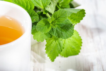 Purple sage plant and tea on the table